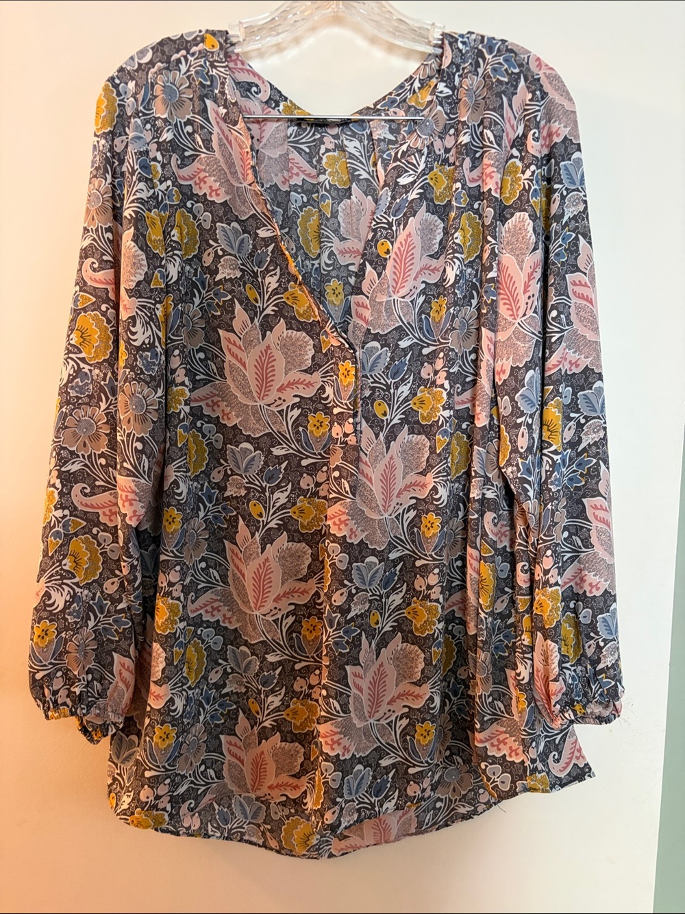 Tahari Floral V-Neck Blouse in Pink, Yellow and Blue